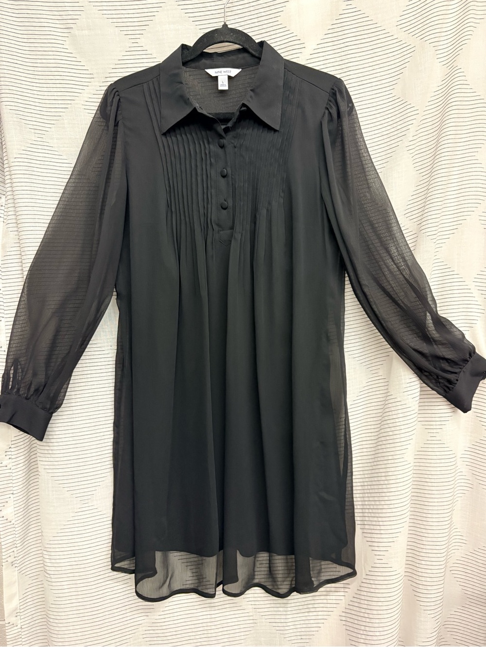 Dark Fairy Whimsy Goth Witchy Black Sheer Long-Sleeve Pleated Tunic Dress